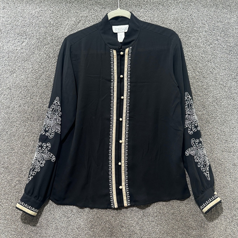 VTG 90s Jordan Button Up Blouse Top Small Black Embroidered Mock Neck Office